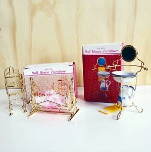 Vintage Brass Dollhouse Furniture: Wash Basin, High Chair & Bassinett